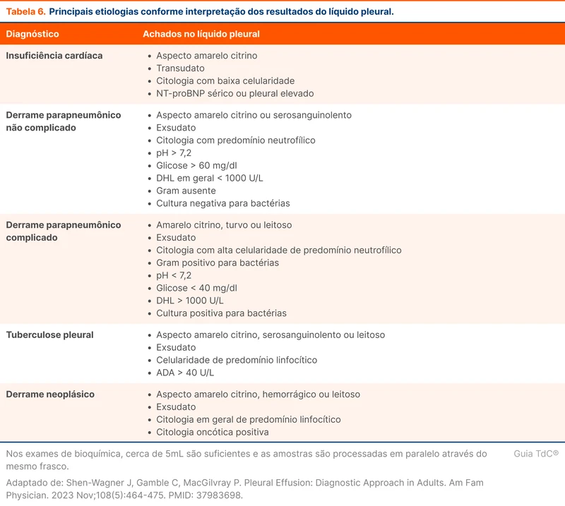 Principais etiologias conforme interpretação dos resultados do líquido pleural.