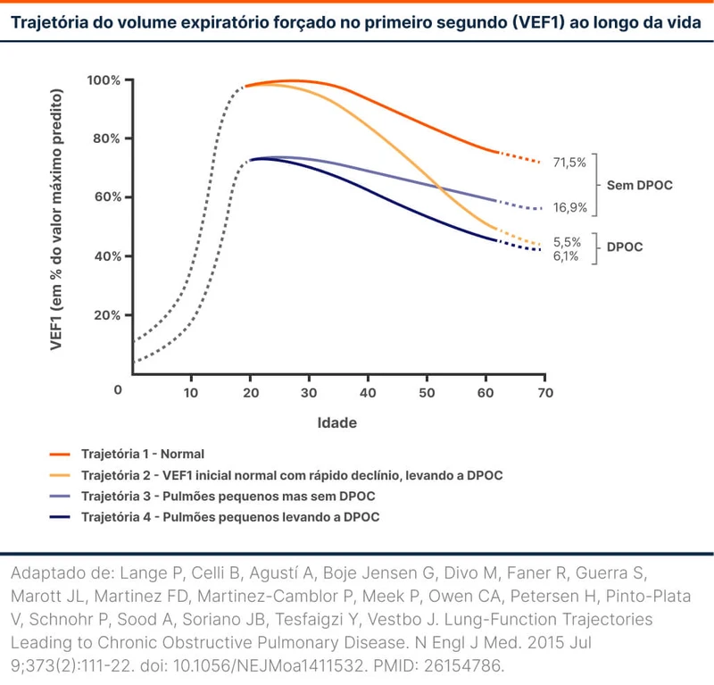 Trajetória do volume expiratório forçado no primeiro segundo (VEF1) ao longo da vida